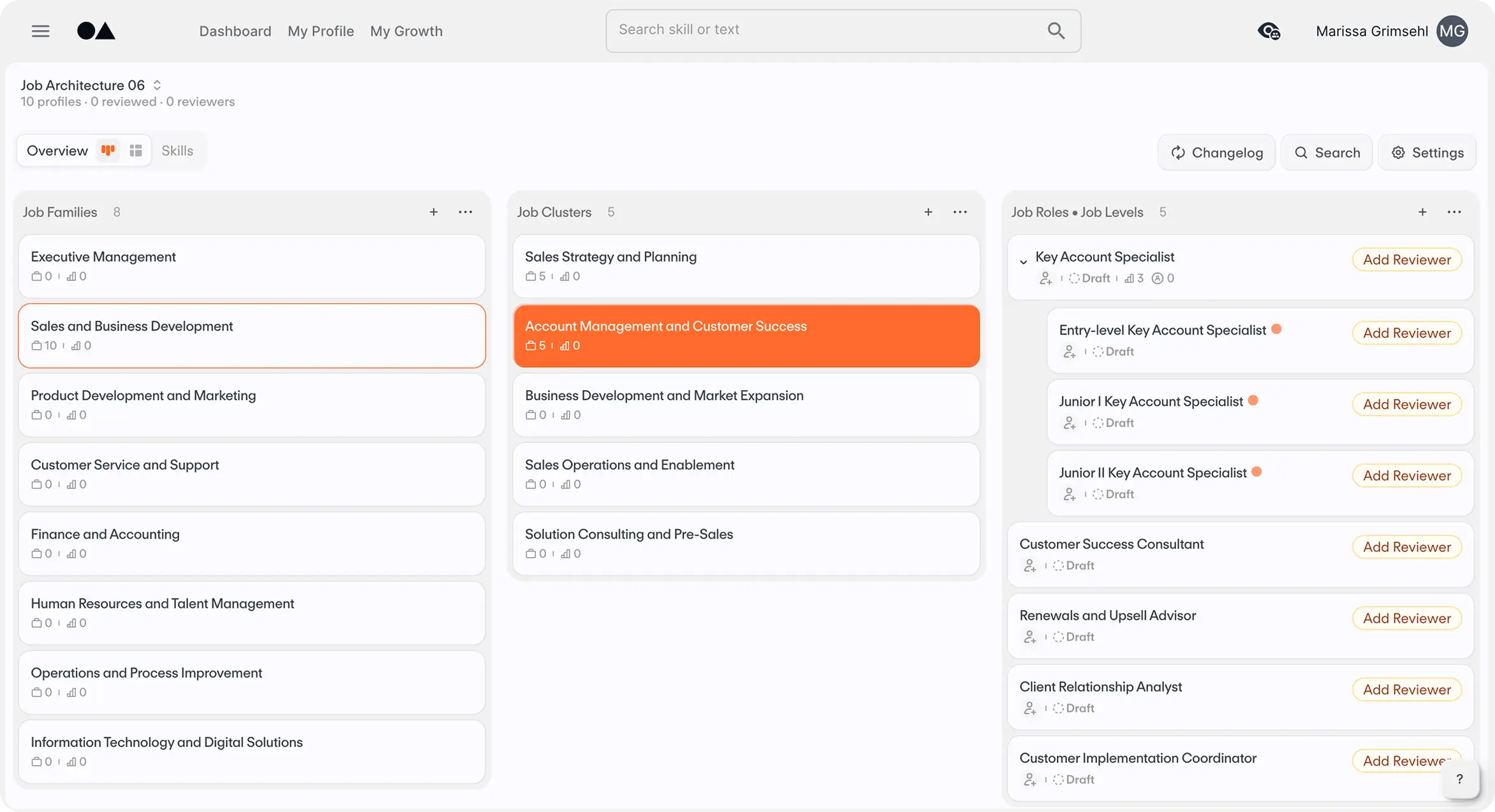 Job architecture dashboard showing job families, clusters, and roles with options to add reviewers and search skills.